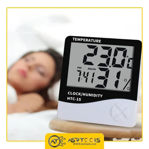 دماسنج، رطوبت سنج و ساعت رومیزی مدل HTC-1-0-Indoor Digital Thermometer Hygrometer Meter Clock HTC-1