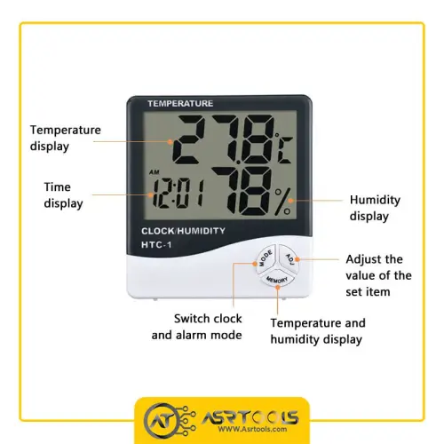 دماسنج، رطوبت سنج و ساعت رومیزی مدل HTC-1-0-Indoor Digital Thermometer Hygrometer Meter Clock HTC-1