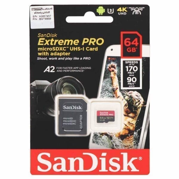 کارت حافظه microSDXC سن دیسک مدل Extreme PRO کلاس A2 استاندارد UHS-I U3 سرعت 170MBs به همراه آداپتور SD ظرفیت 64 گیگابایت AsrTools
