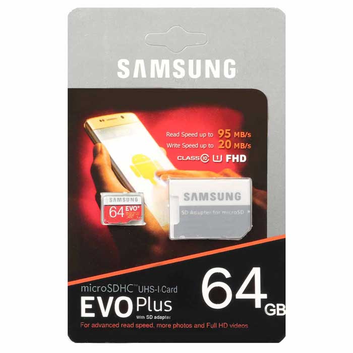 کارت حافظه Micro SDHC سامسونگ مدل EVO PLUS کلاس 10 استاندارد UHS-1 CARD سرعت 95Mbps ظرفیت 64 گیگابایت به همراه آداپتور SD عصرتولز