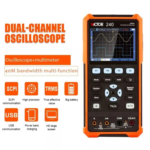 VICTOR 240 handheld digital automotive oscilloscope with multimeter two channel 40mhz bandwidth electronic meter with USB SCPI-0-اسیلوسکوپ دستی ویکتور مدل VICTOR 240