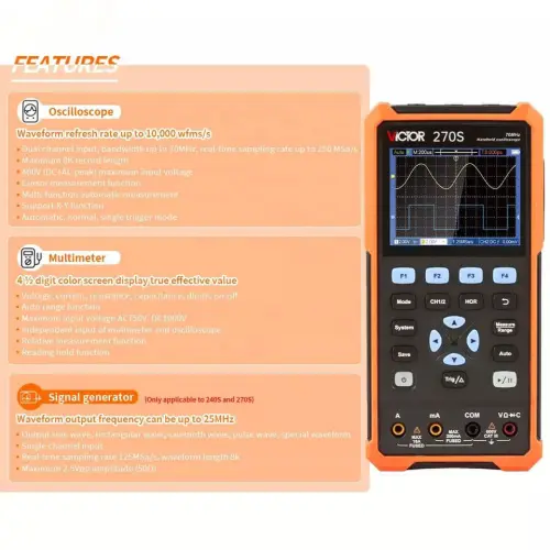 VICTOR 270S Handheld Oscilloscope And Multimeter And Signal Generator 3 in 1Function 70MHz Dual Channel 4 12 Display 250M Sas-0-اسیلوسکوپ دستی ویکتور مدل VICTOR 270S