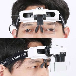 LED lamp eyewear magnifying glass 8 magnification lenses replaceable reading embroidery repair antique identification 9892e1-0-ذره بین هدبندی چراغ دار مدل 9892E1 به همراه 8 عدد لنز