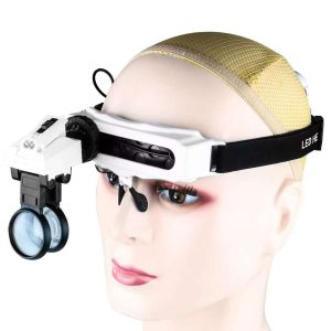 LED lamp eyewear magnifying glass 8 magnification lenses replaceable reading embroidery repair antique identification 9892e1-0-ذره بین هدبندی چراغ دار مدل 9892E1 به همراه 8 عدد لنز