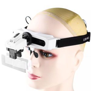 LED lamp eyewear magnifying glass 8 magnification lenses replaceable reading embroidery repair antique identification 9892e1-0-ذره بین هدبندی چراغ دار مدل 9892E1 به همراه 8 عدد لنز