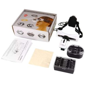 LED lamp eyewear magnifying glass 8 magnification lenses replaceable reading embroidery repair antique identification 9892e1-0-ذره بین هدبندی چراغ دار مدل 9892E1 به همراه 8 عدد لنز