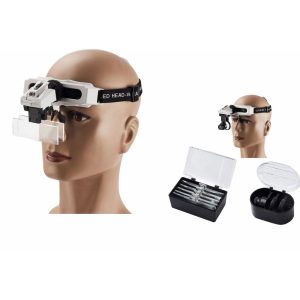 LED lamp eyewear magnifying glass 8 magnification lenses replaceable reading embroidery repair antique identification 9892e1-0-ذره بین هدبندی چراغ دار مدل 9892E1 به همراه 8 عدد لنز