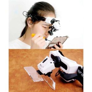 LED lamp eyewear magnifying glass 8 magnification lenses replaceable reading embroidery repair antique identification 9892e1-0-ذره بین هدبندی چراغ دار مدل 9892E1 به همراه 8 عدد لنز