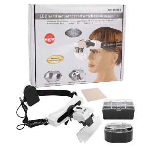 LED lamp eyewear magnifying glass 8 magnification lenses replaceable reading embroidery repair antique identification 9892e1-0-ذره بین هدبندی چراغ دار مدل 9892E1 به همراه 8 عدد لنز
