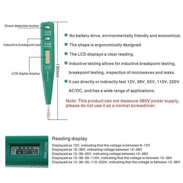 ACDC Multi-Purpose Electrical Tester Measures 12V-220V, NO BATTERY, With Detected Circuit BreakDisconnect - Genuine TUOSEN 0401-0-فازمتر دیجیتال توسن مدل TUOSEN 0401