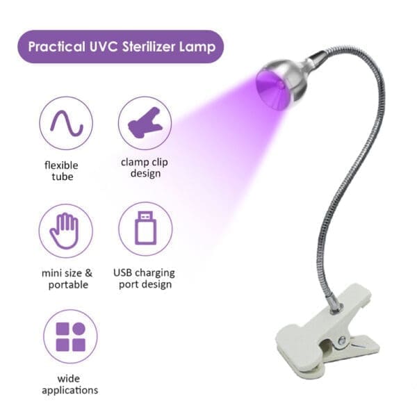 LED Clip Desk USB Lamp Clip-On Flexible Bright Led UV Lamp Adjustable Purple Light Nail UV Dryer Lamp With Control Switch-0-چراغ قوه UV مدل Clip UV Lamp 5W با منبع تغذیه USB