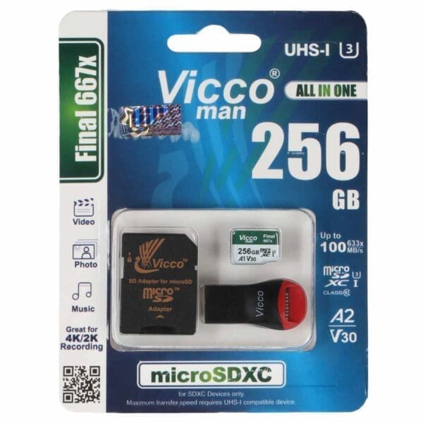 کارت حافظه micro SDXC ویکومن مدل 633X Plus کلاس 10 استاندارد UHS-I U3 سرعت 100MB/s ظرفیت 256 گیگابایت به همراه کارت خوان asrtools