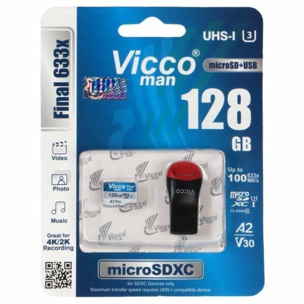 کارت حافظه micro SDXC ویکومن مدل 633X Plus کلاس 10 استاندارد UHS-I U3 سرعت 100MB/s ظرفیت 128 گیگابایت به همراه کارت خوان USB عصرتولز