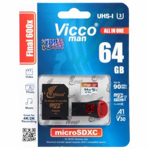 کارت حافظه micro SDXC ویکومن مدل 600X Plus کلاس 10 استاندارد UHS-I U3 سرعت 90MB/s ظرفیت 64 گیگابایت به همراه کارت خوان دوتایی asrtools