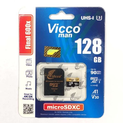 کارت حافظه micro SDXC ویکومن مدل 600X Plus کلاس 10 استاندارد UHS-I U3 سرعت 90MB/s ظرفیت128 گیگابایت به همراه کارت خوان عصرتولز