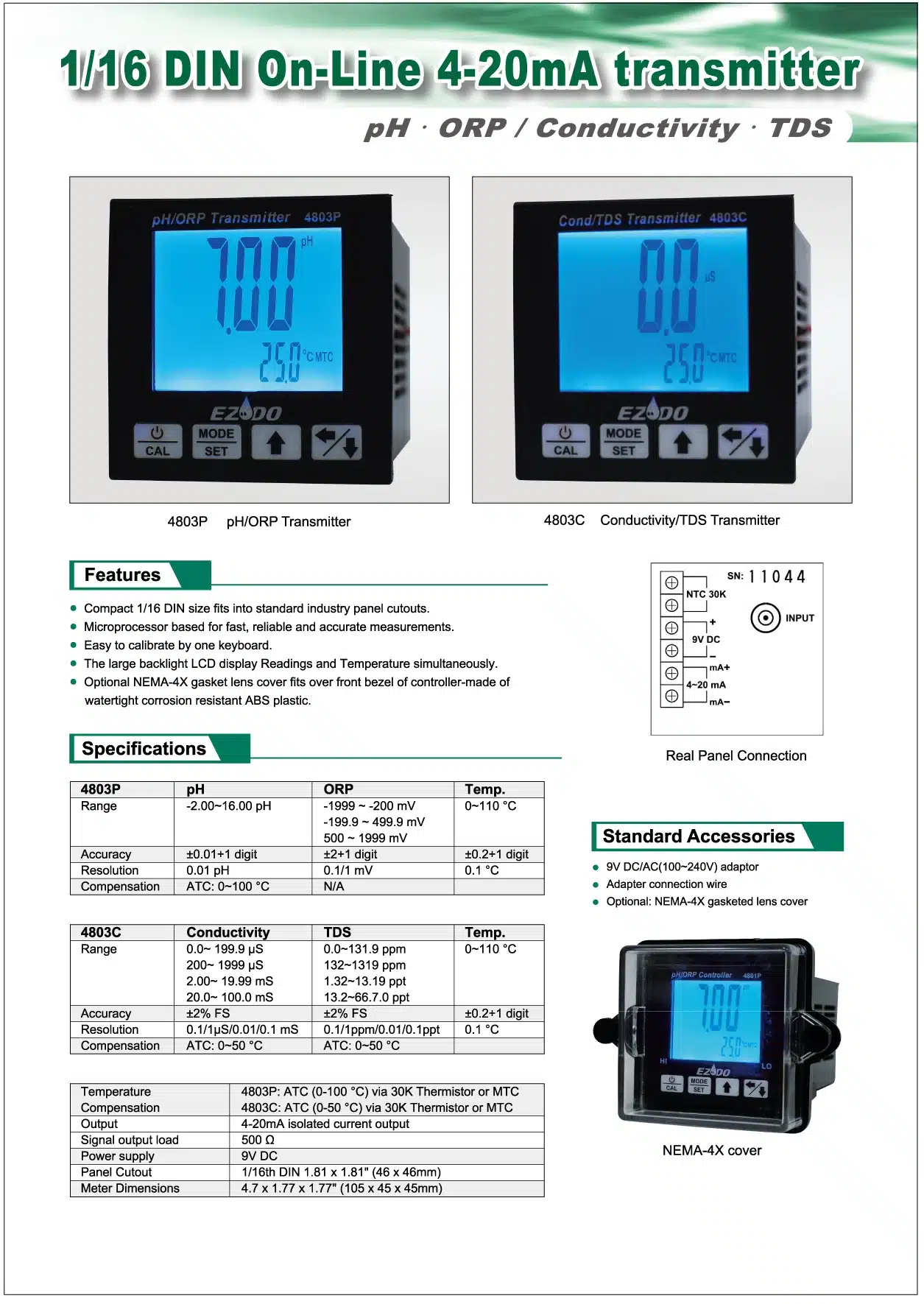 ترانسمیتر و نمایشگر تابلویی TDS/Conductivity ازدو مدل EZDO 4803C