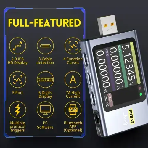 تستر و مانیتور ولتاژ و جریان USB فنیرسی مدل FNIRSI FNB58 عصرتولز