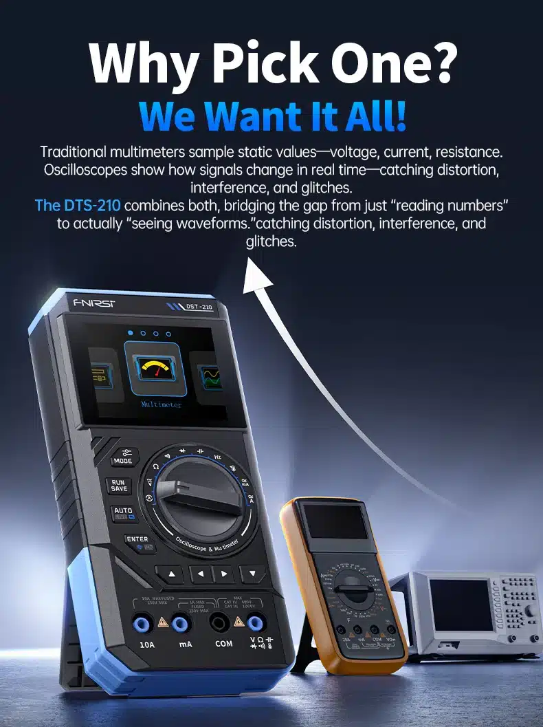 مولتی‌متر دستی ۳ در ۱ فینرسی مدل FNIRSI DST-210 با قابلیت اسیلوسکوپ و سیگنال ژنراتور