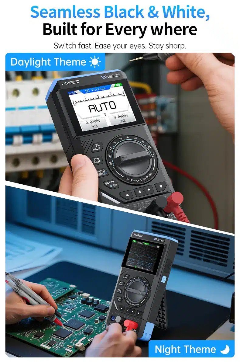مولتی‌متر دستی ۳ در ۱ فینرسی مدل FNIRSI DST-210 با قابلیت اسیلوسکوپ و سیگنال ژنراتور