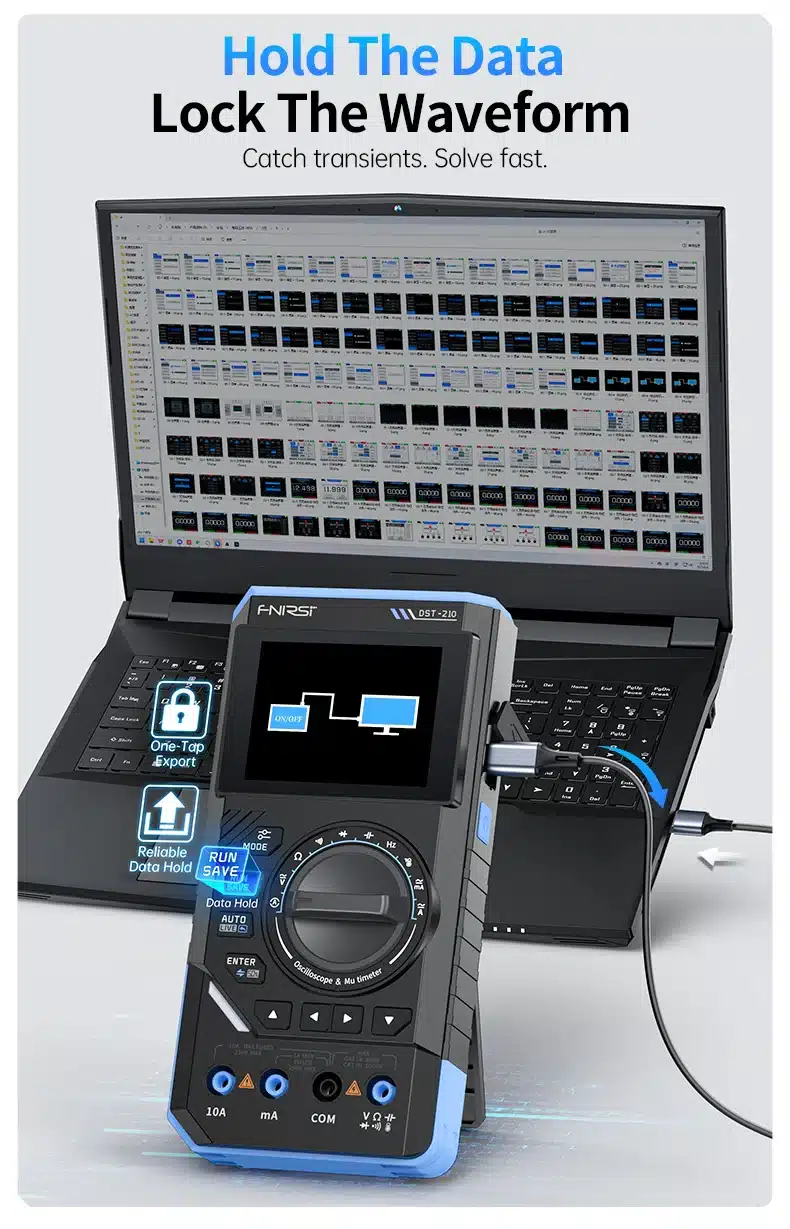 مولتی‌متر دستی ۳ در ۱ فینرسی مدل FNIRSI DST-210 با قابلیت اسیلوسکوپ و سیگنال ژنراتور