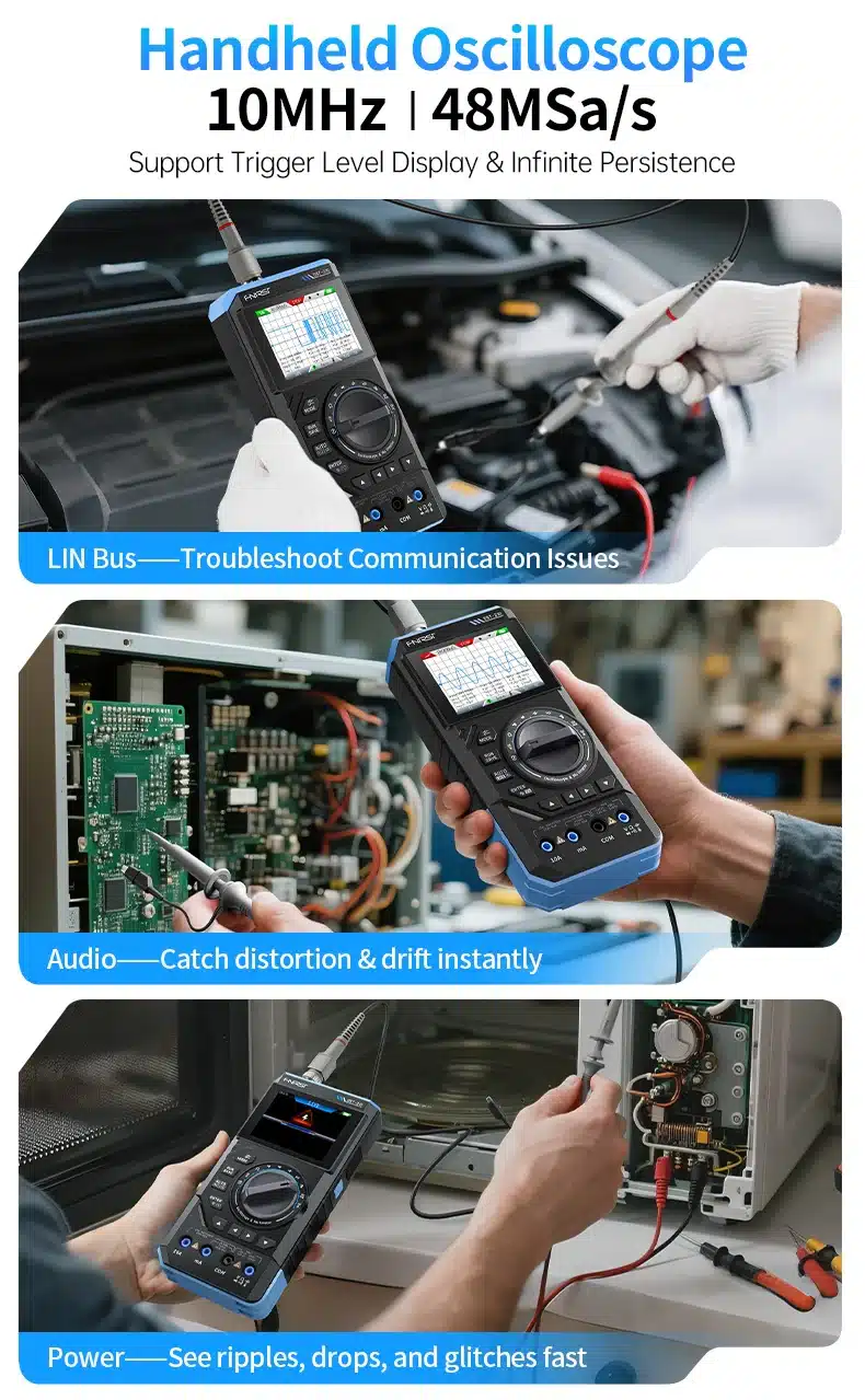 مولتی‌متر دستی ۳ در ۱ فینرسی مدل FNIRSI DST-210 با قابلیت اسیلوسکوپ و سیگنال ژنراتور