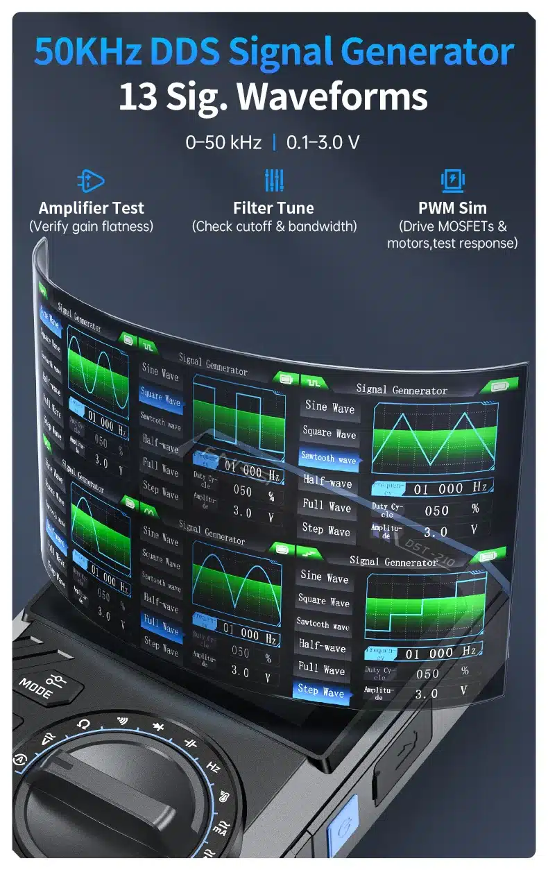 مولتی‌متر دستی ۳ در ۱ فینرسی مدل FNIRSI DST-210 با قابلیت اسیلوسکوپ و سیگنال ژنراتور