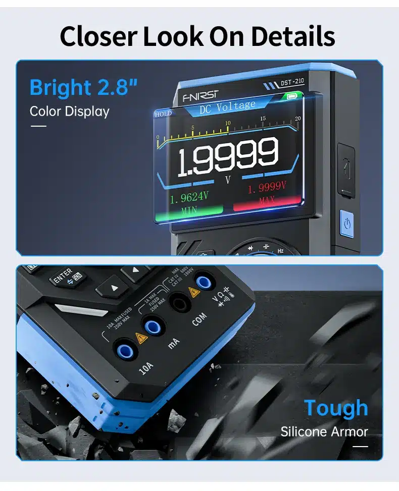 مولتی‌متر دستی ۳ در ۱ فینرسی مدل FNIRSI DST-210 با قابلیت اسیلوسکوپ و سیگنال ژنراتور