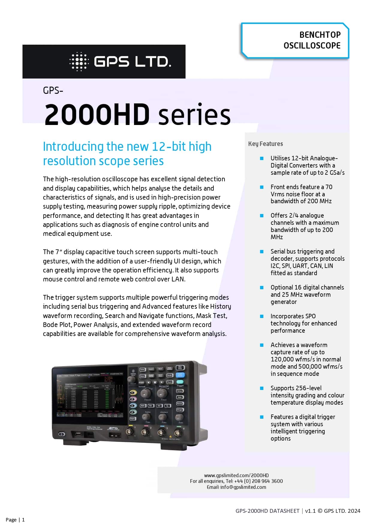 اسیلوسکوپ دو کاناله جی پی اس مدل GPS-2202HD 200MHz