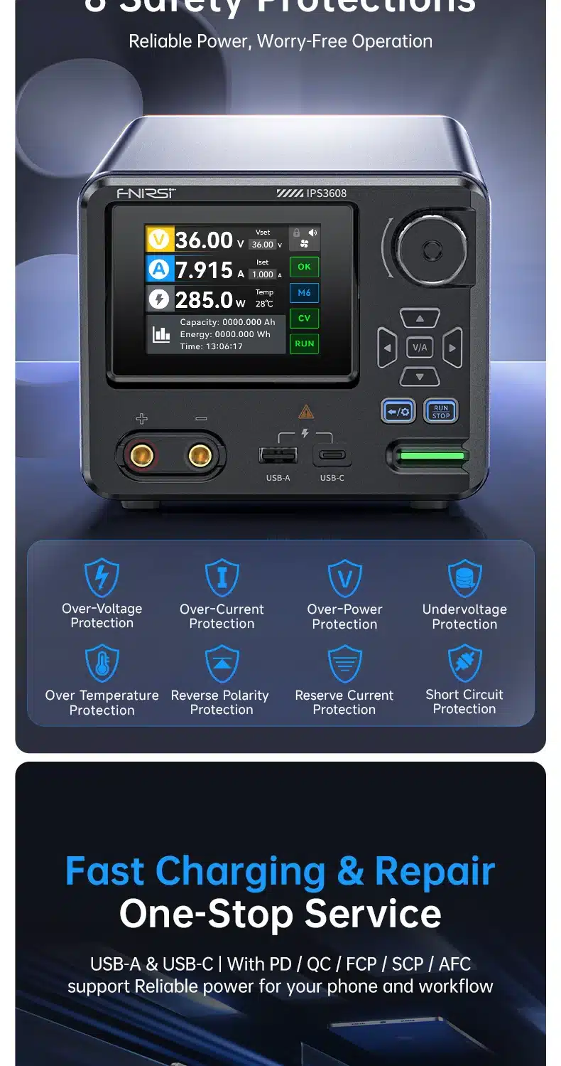 منبع تغذیه هوشمند دیجیتال AC-DC فینرسی مدل FNIRSI IPS3608