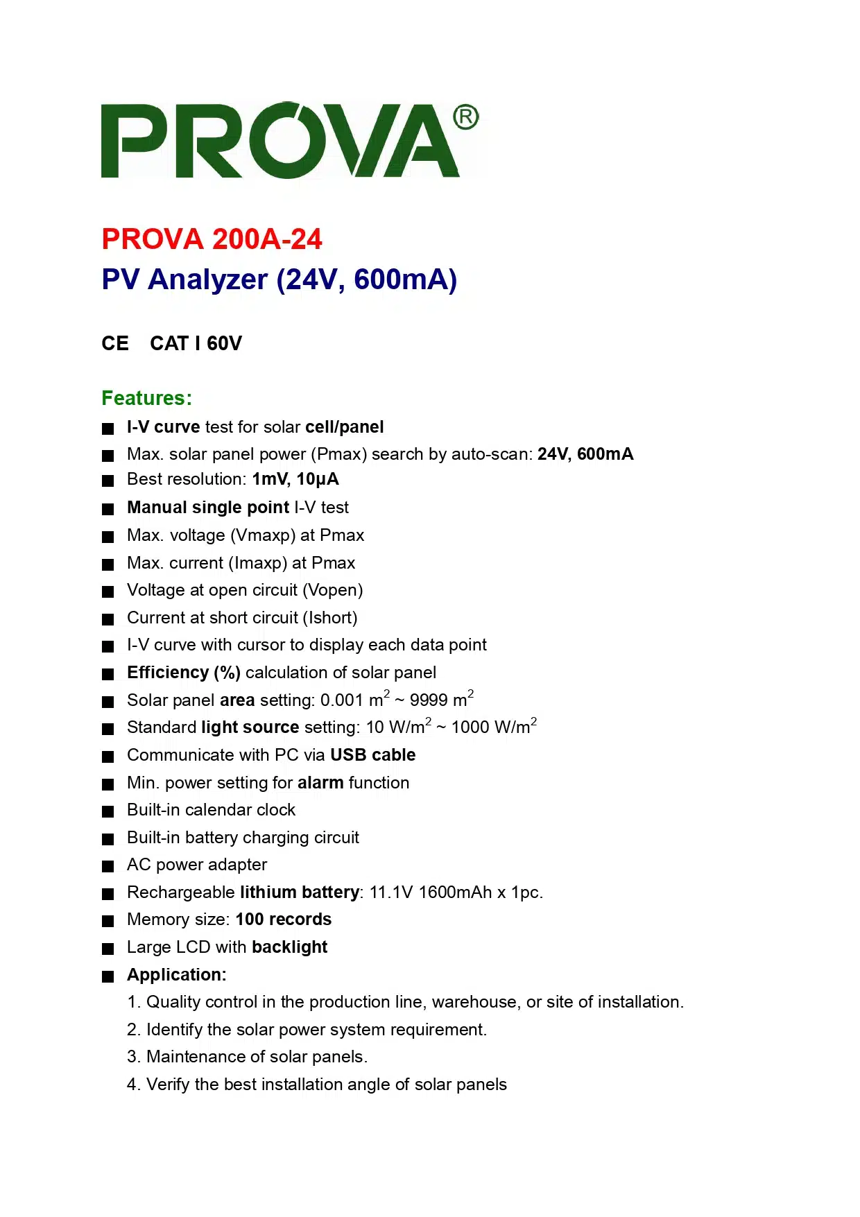 سوالرپاورآنالیزر (PV آناالیزر) پروا مدل PROVA 200A-24