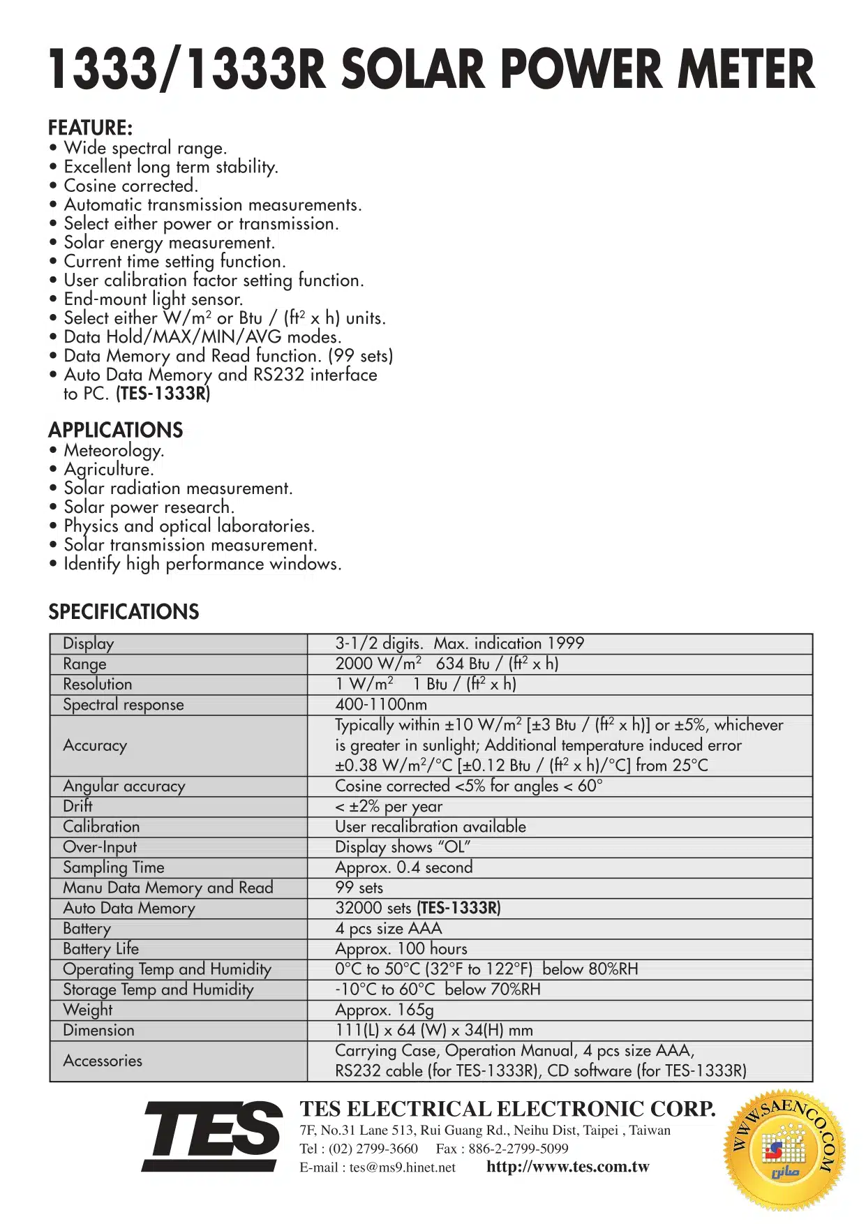 سولار پاور متردیتالاگر مدل TES-1333R 2 سولار پاور متردیتالاگر مدل TES-1333R