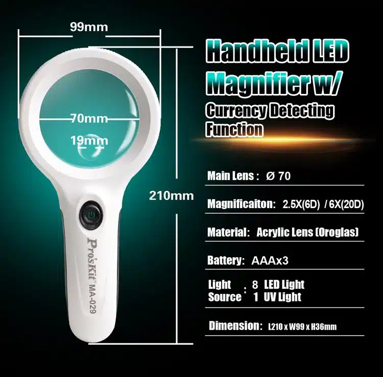 ذره بین دستی چراغ دار پروسکیت مدل Proskit MA-029