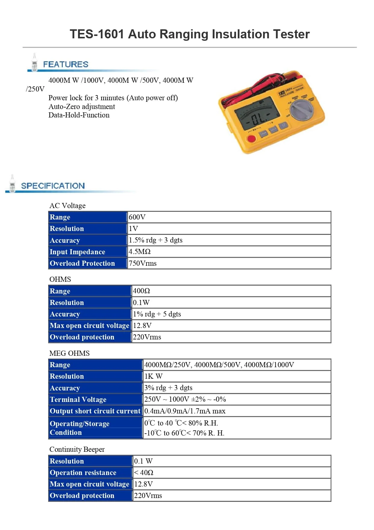 تستر عایق تی ای اس مدل TES-1601