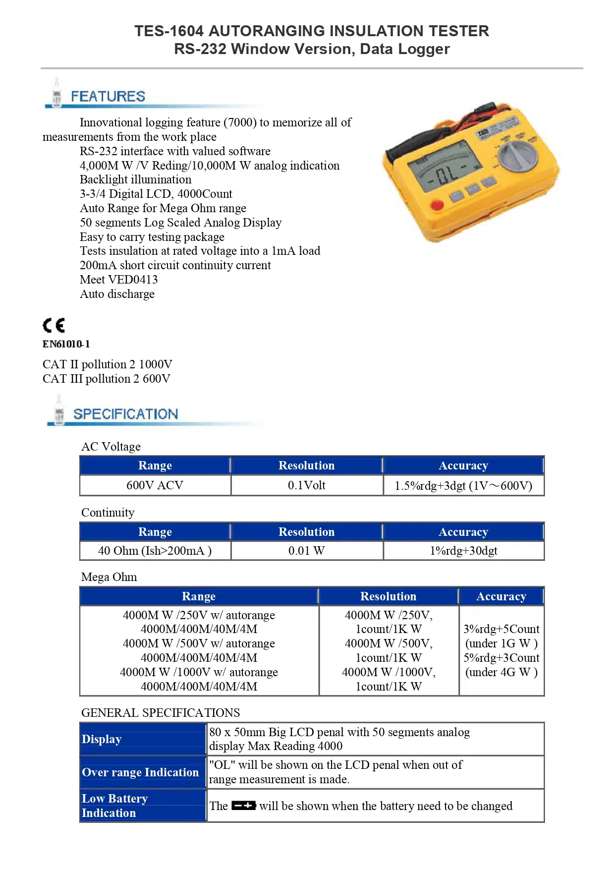 تستر عایق دیتالاگر تی ای اس مدل TES-1604