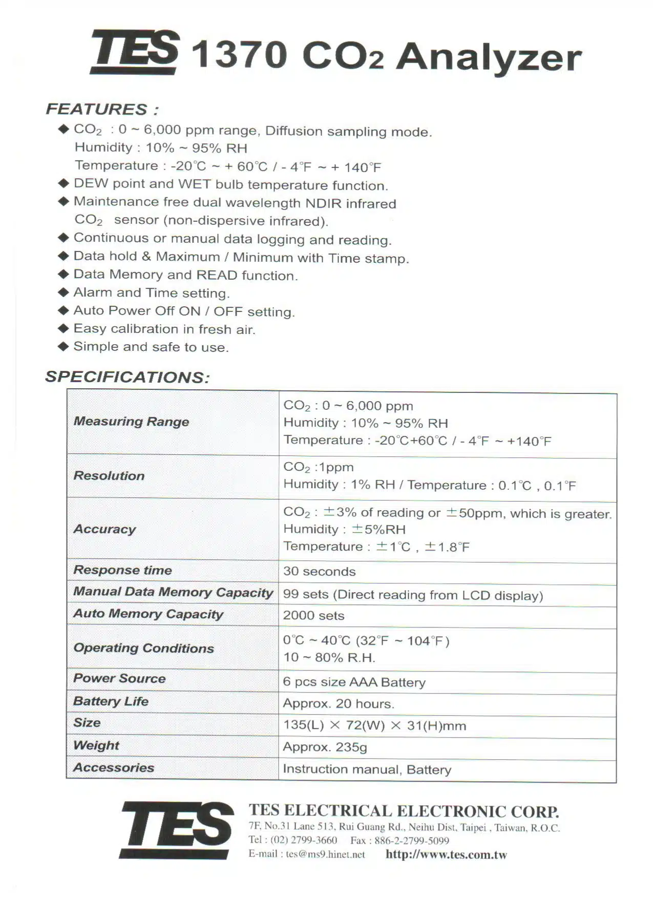 2CO متر، دما و رطوبت سنج تی ای اس مدل TES-1370