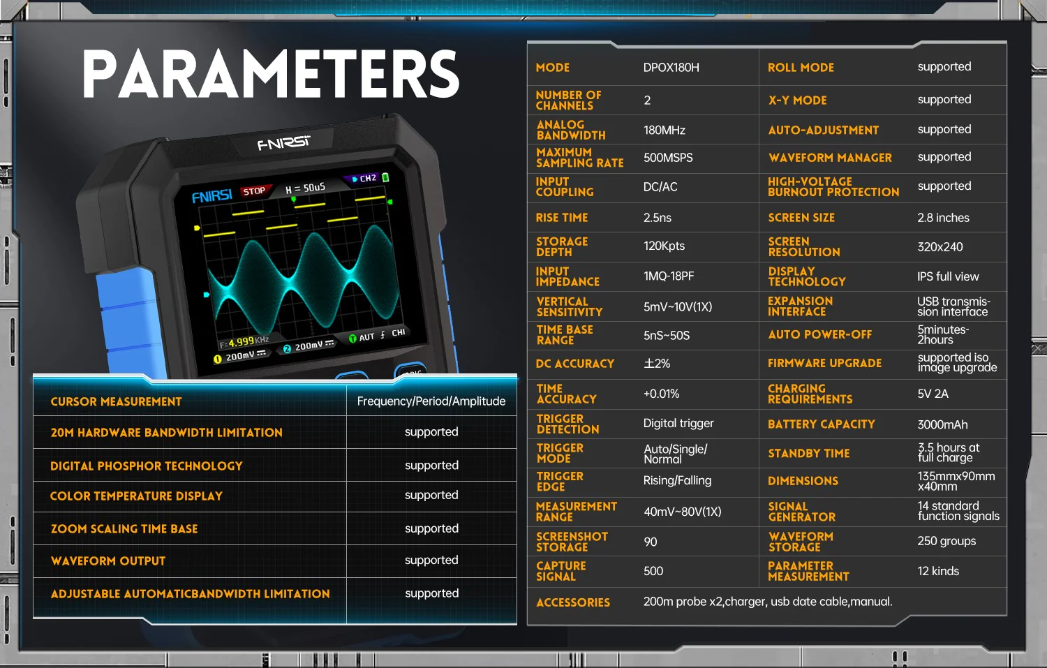 اسیلوسکوپ و سیگنال ژنراتور دوکاناله فینرسی مدل FNIRSI DPOX180H