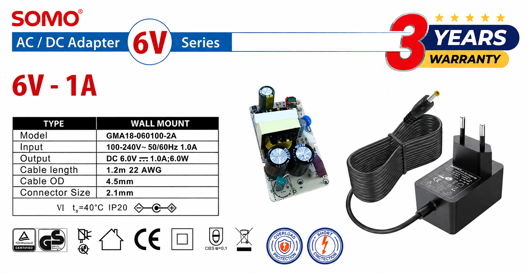 آداپتور دیواری سومو مدل SOMO GMA18-060100-2A خروجی 6V 1A 1 آداپتور دیواری سومو مدل SOMO GMA18-060100-2A خروجی 6V 1A