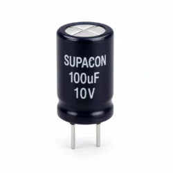 نمای تک خازن الکترولیتی سوپاکن مدل SUPACON 100uF 10V 5×7mm پایه کوتاه